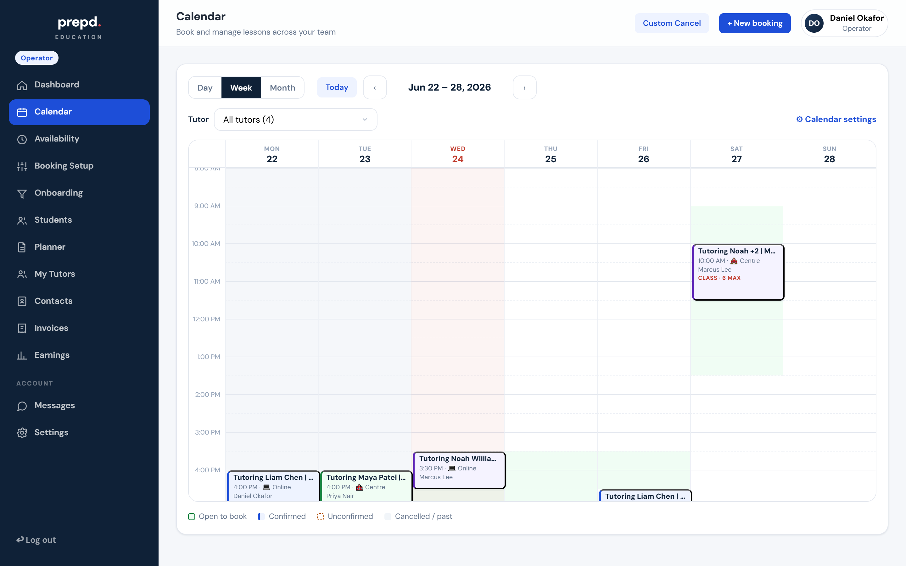 The Prepd calendar showing a full week of lessons