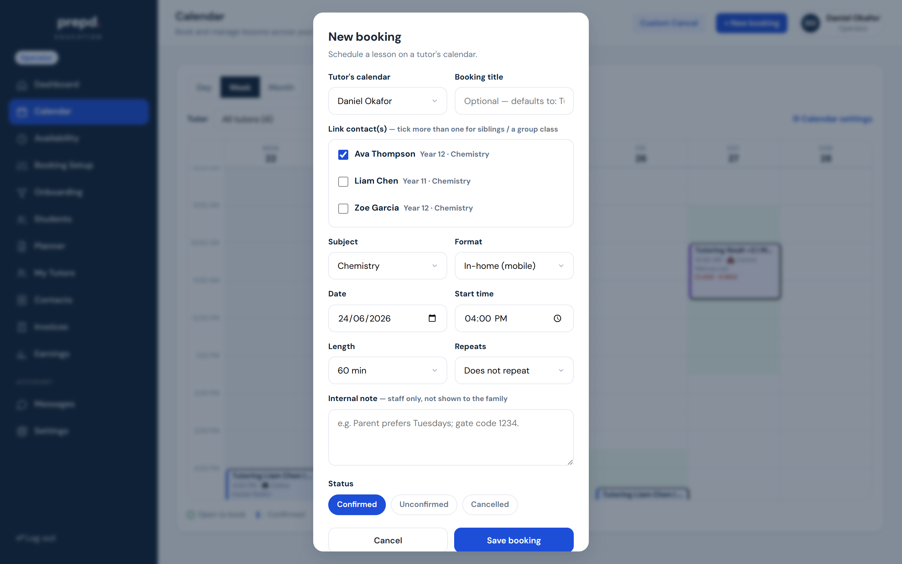 Starting a new booking