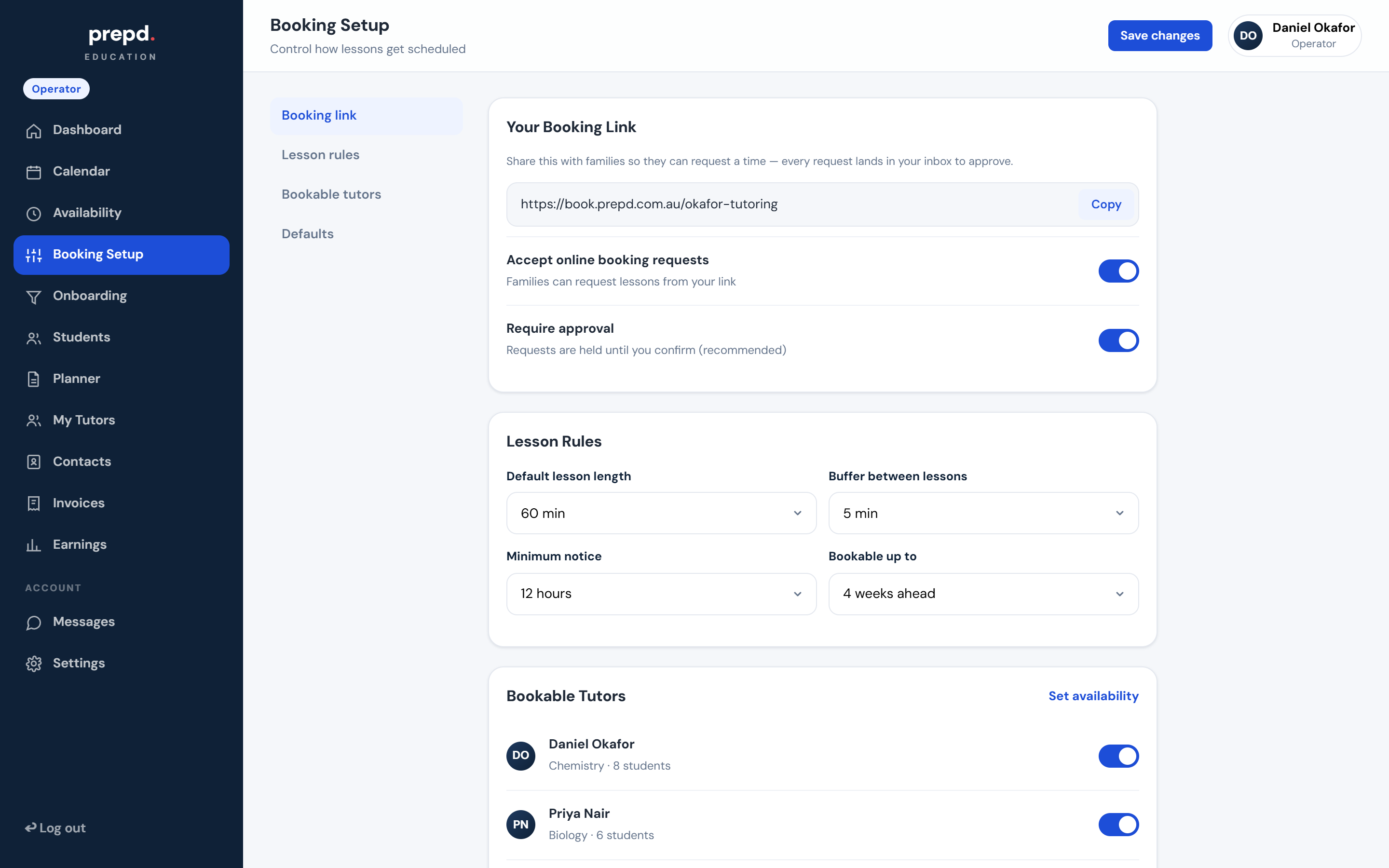 Booking setup